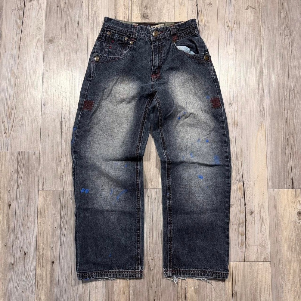 Y2K 2000s baggy faded jeans with blue paint splatter